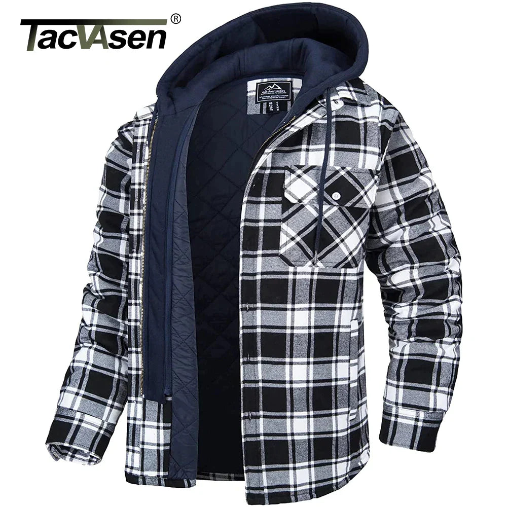 TACVASEN Men's Flannel Shirt Jacket with Removable Hood Plaid Quilted Lined Winter Coats Thick Hoodie Outwear Man Fleece Shirts