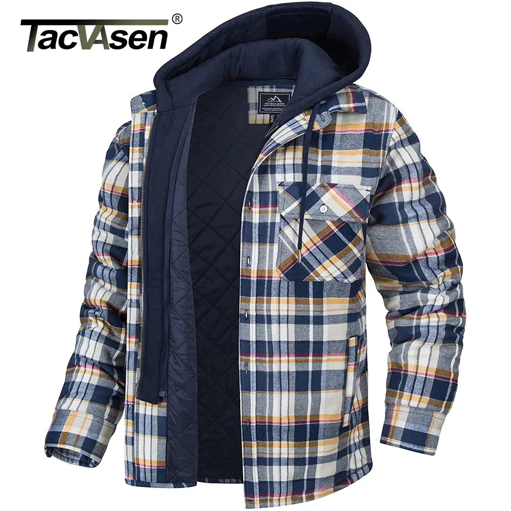 TACVASEN Men's Flannel Shirt Jacket with Removable Hood Plaid Quilted Lined Winter Coats Thick Hoodie Outwear Man Fleece Shirts